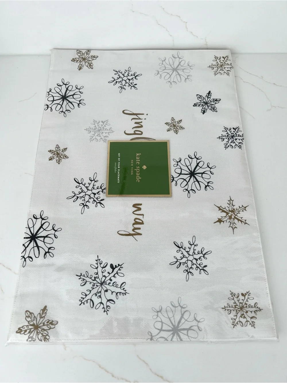 NWT kate spade White Placemats with Gold, Black & Silver Snowflakes (Set of 4)
